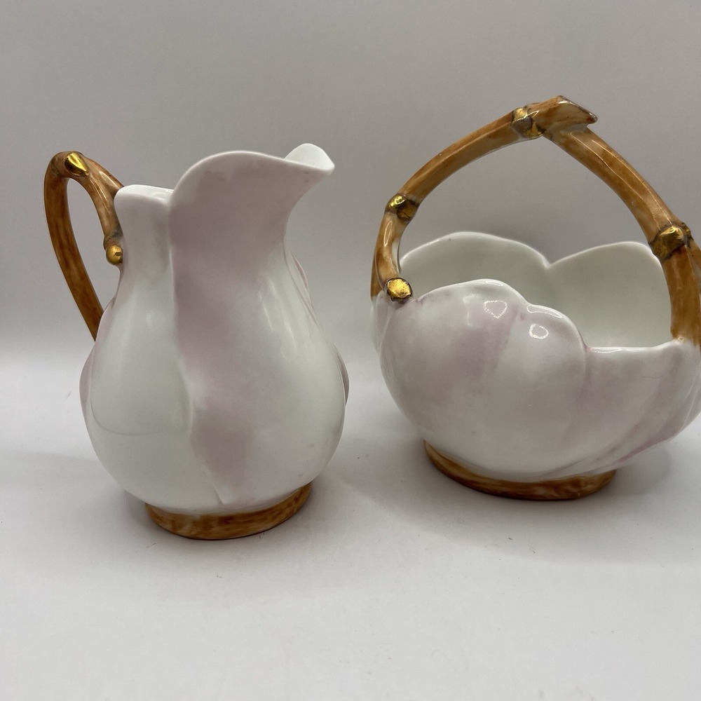RARE Limoges France Cream & Sugar Lotus Petal Pink Blush Bamboo-look Handle Vtg